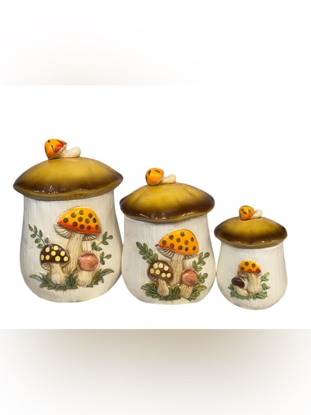 VTG Sears 1978 Merry Mushroom Ceramic Canister Set 3 Piece with Lids Retro